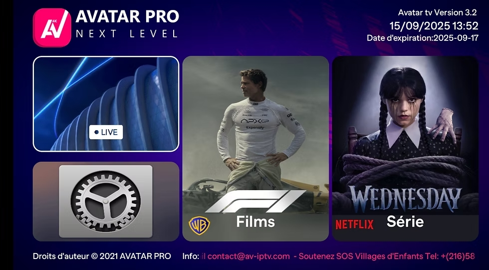 Interface Avatar Pro IPTV avec chaînes live films séries
